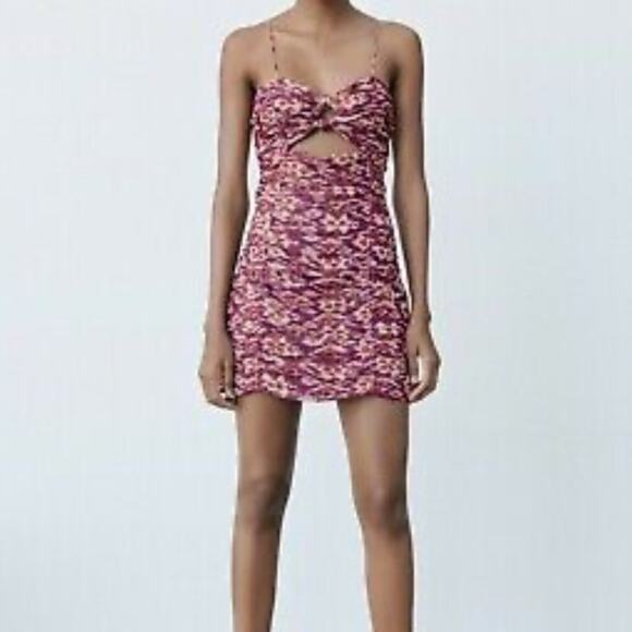 Zara Multicolor Purple Chiffon Ruched Cutout Strappy Mini Dress Size Medium - Picture 1 of 6
